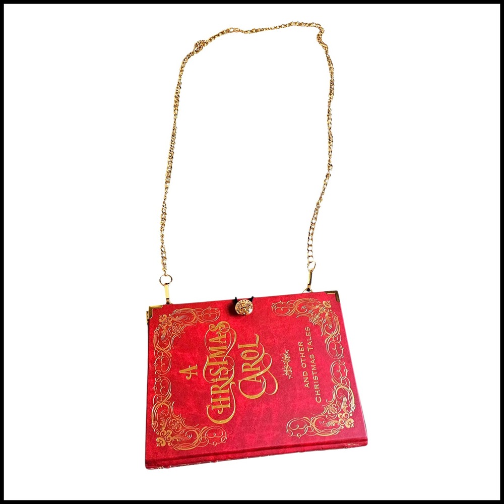 Bookarelli Christmas Carol Book Clutch Gold Chain Shoulder Bag Purse Red Holiday